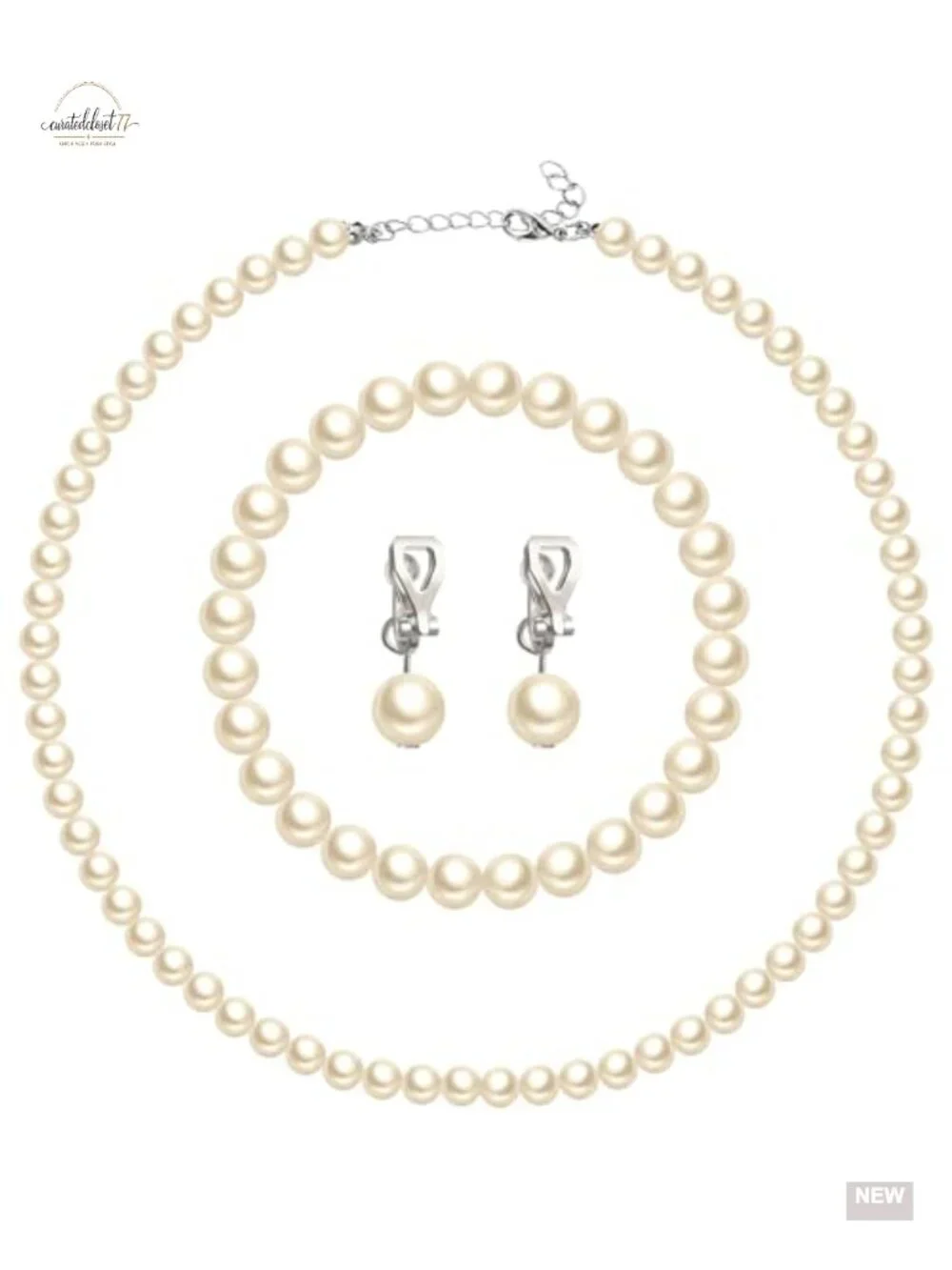 Faux Pearl Clip-On Earring Necklace Bracelet Set for Women